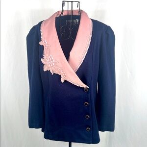 VTG ACT 1 New York Women’s Navy Jacket Pink Floral Collar Size 14‎ Perfect Cond